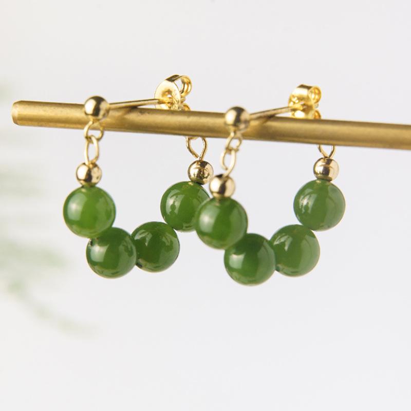 Hetian Jade & Sterling Silver Earrings - New Chinese Style Green Jade Studs for Autumn/Winter