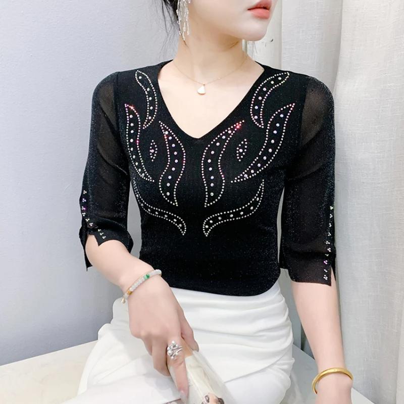 New Women's Clothes T-shirt Sexy V-Neck Hot Diamonds Tops Shirts Summer Girl Slim Mesh Half Sleeve Tees Blouse