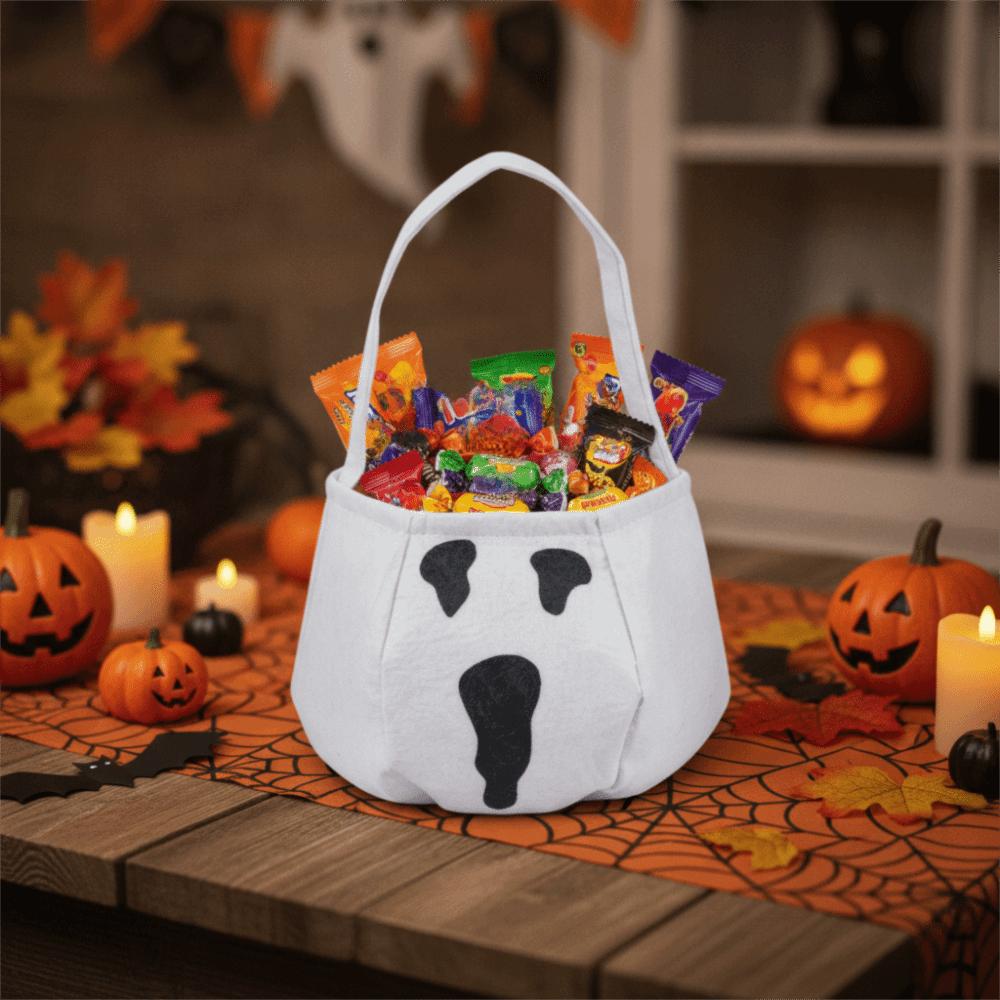 Non-woven Fabric Trick-Or-Treat Candy Basket White Snack Storage Bag Halloween Candy Bucket  Party