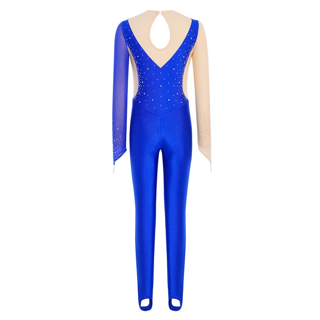 Tuta da Ginnastica per Bambine Maniche Lunghe Fori per le Dita Foro sulla Schiena Patchwork in Rete Strass Lucidi Color Block Body da Danza per Performance