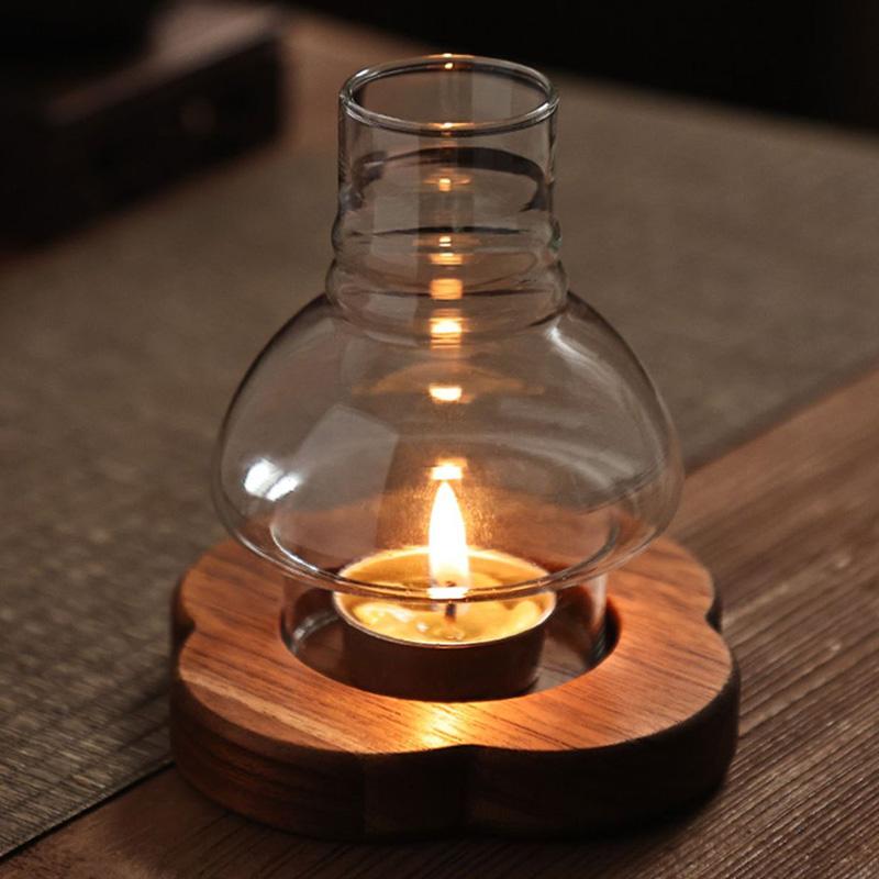 1PC With Glass Cover Weddinig Wood Candlestick Transparent Candle Holders Antique Lanterns Tabletop With Wood Base Windproof