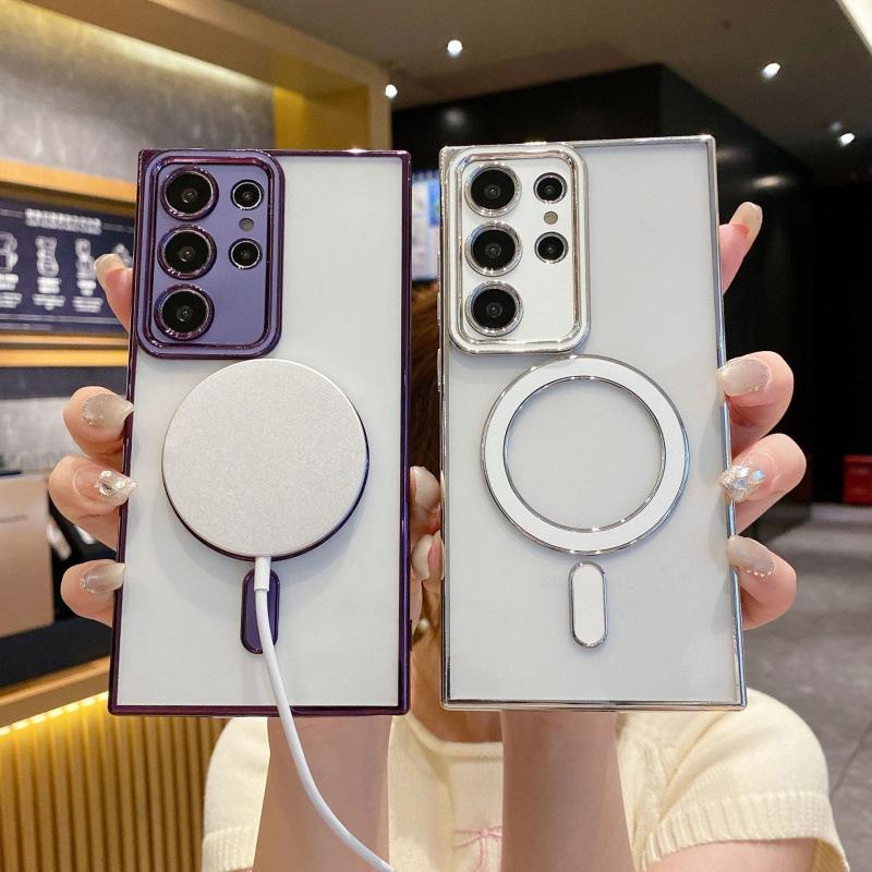 Suitable for Samsung S25 Ultra Mobile Phone Case Transparent Macaron Electroplated Magnetic Charging S24 Anti Fall Soft Shell Jacket