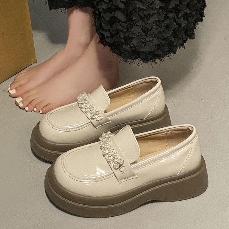 British style small leather shoes women's spring new French pearl with skirt round head muffin platform loafer single shoes