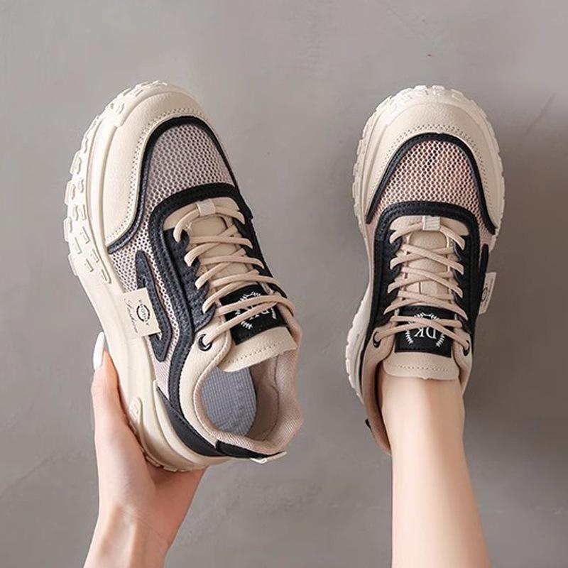 Women's Shoes New Summer Breathable Mesh Surface Thin Hollow Sports Dad Shoes Show Feet Small Height Increasing Fried Street