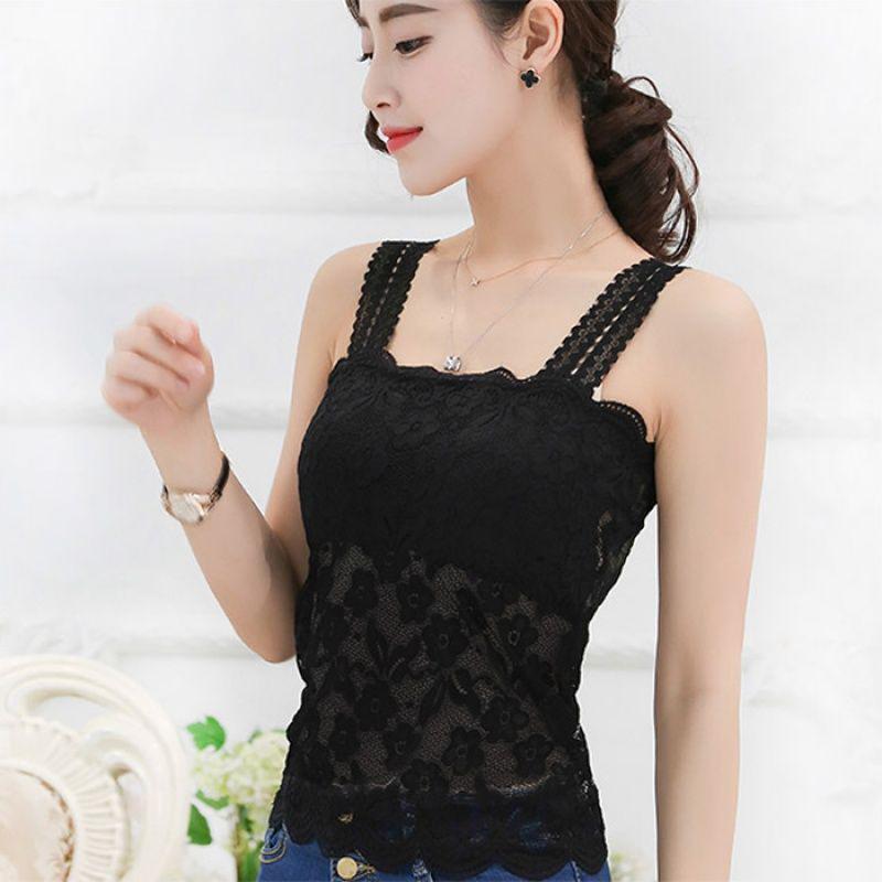 Lace Trim Underwear Camisole with Chest Pads - Women's Versatile Anti-Exposure Long Bra