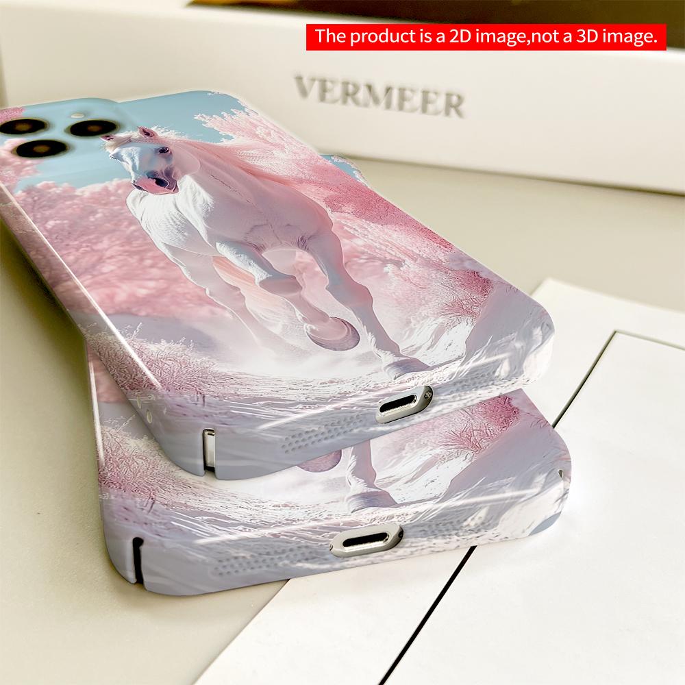 2DFlat White Horse In Pink Forest Path All Inclusive Film Hard Phone Case, Compatible with iPhone 18 Pro Max 17 16 15 14 13 12 11