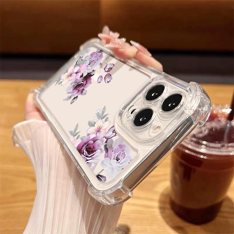 Floral Print Clear Slim Shockproof Case For iPhone 16 Pro 16E 15 Pro Max 14 13 12 11 Anti-Fall Soft Silicone Transparent Phone Cover