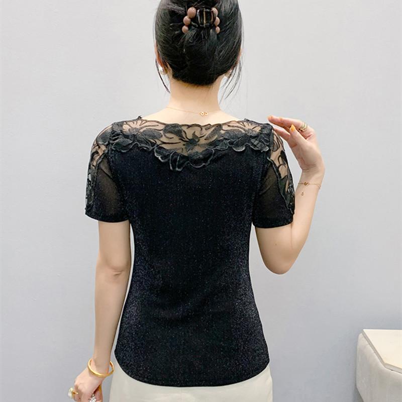 Summer Women T-Shirt Chic Sexy Lace Hollow Embroidery Flower Patchwork Mesh Tops Elegant O-Neck Diamonds Short Sleeve Tees