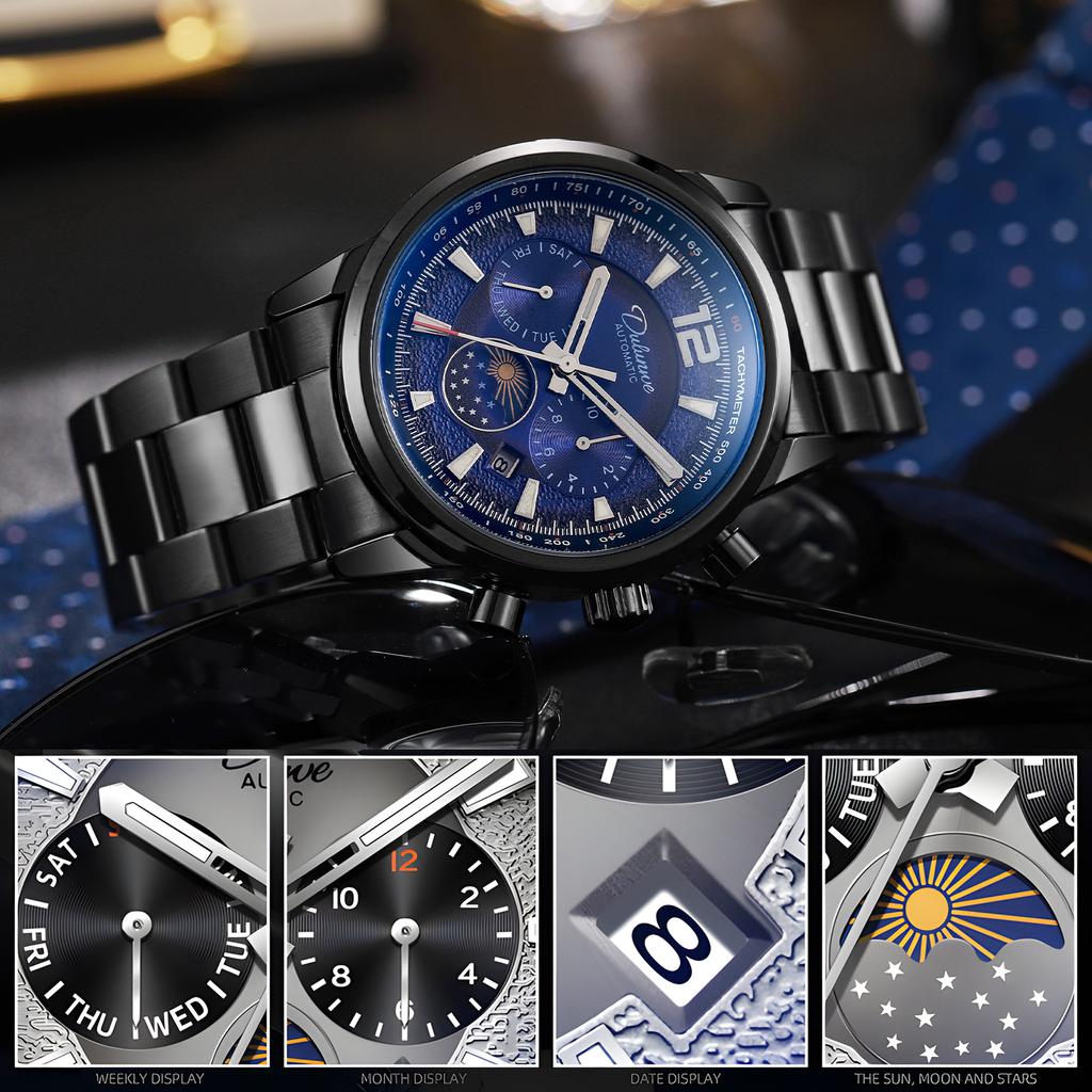 Creative Meteorite Dial Mechanical Watch Moon Phase Window Week Month Calendar Display Men's Waterproof Luminous Mechanical Watch