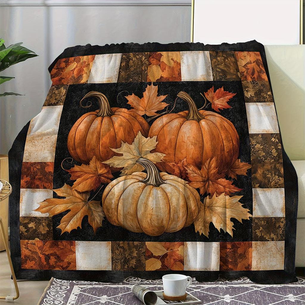 Vintage Autumn Plaid Blanket - Pumpkin Maple Leaf Print, Flannel for Sofa/Bed/Travel, Cozy Fall Decor Throw