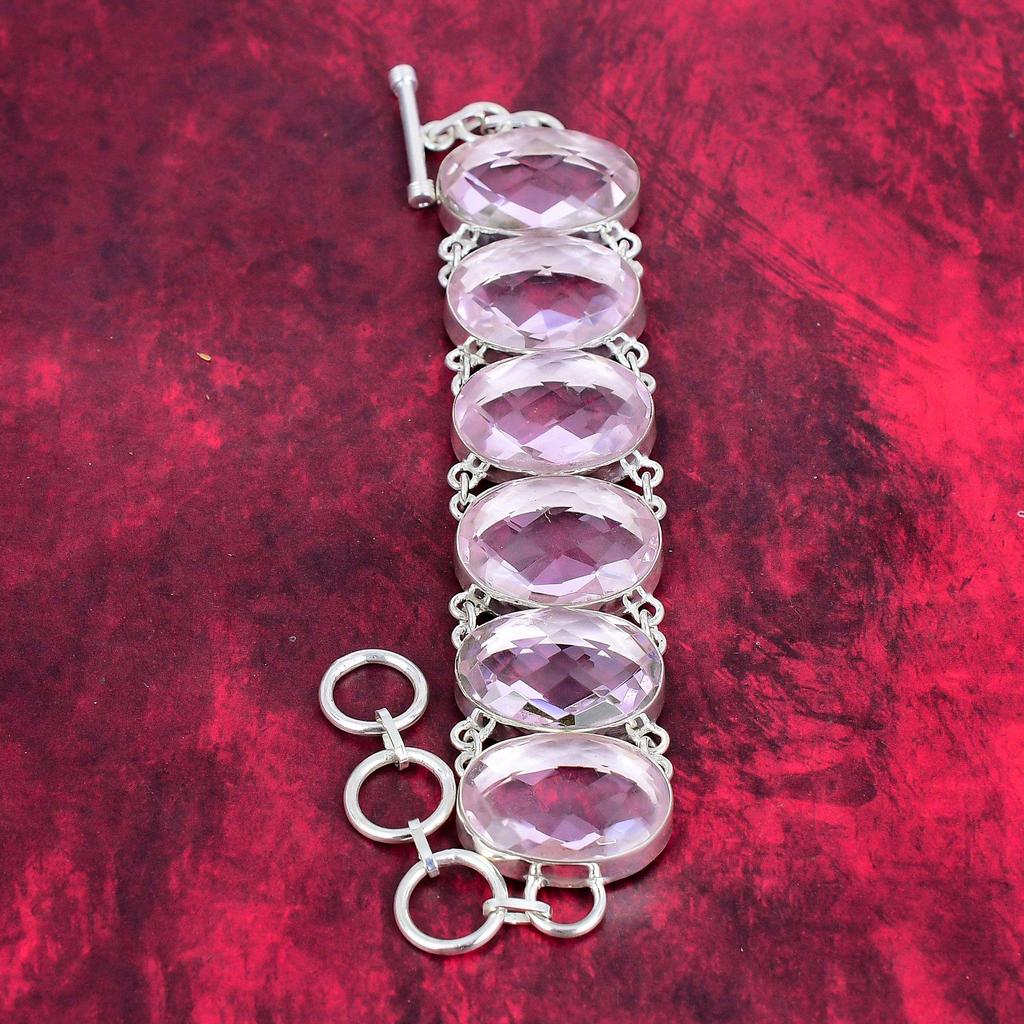 Facettiertes rosa Kunzit Armband, 925 Sterling Silber Schmuck, handgemachtes Armband, Edelstein Schmuck verstellbares Kettenarmband für Sie