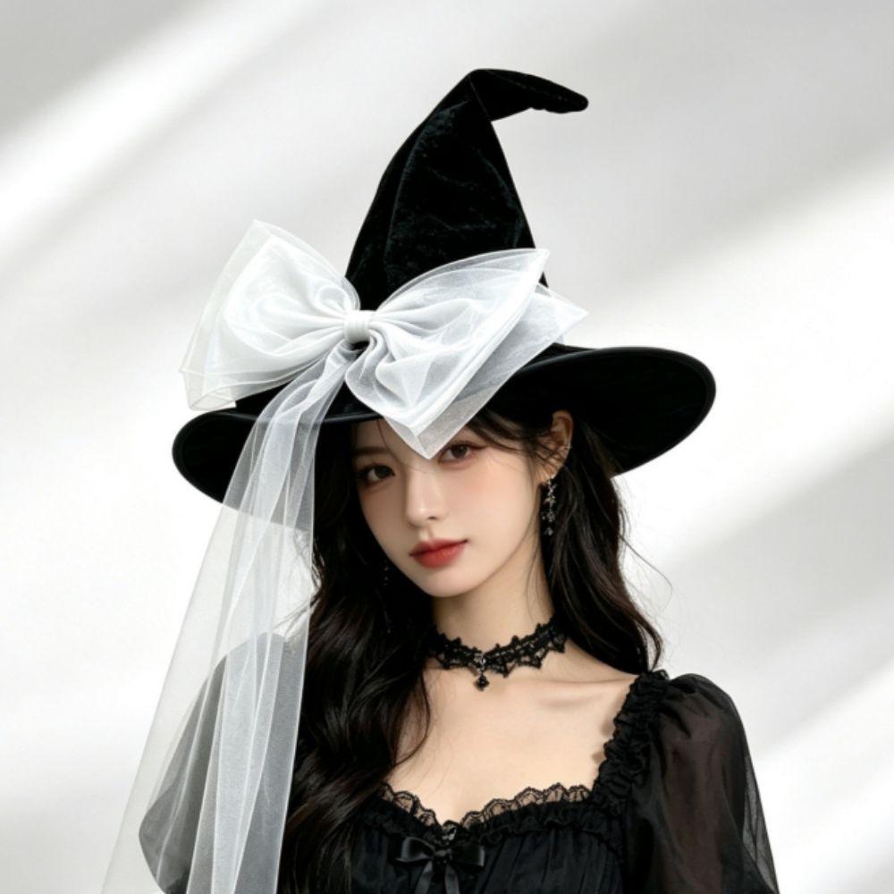 Mesh Yarn Witch Hat Lace Fabric Velvet Material Pointy Hat Detachable Bow Organza Bow Wizard Hat Costume Accessories