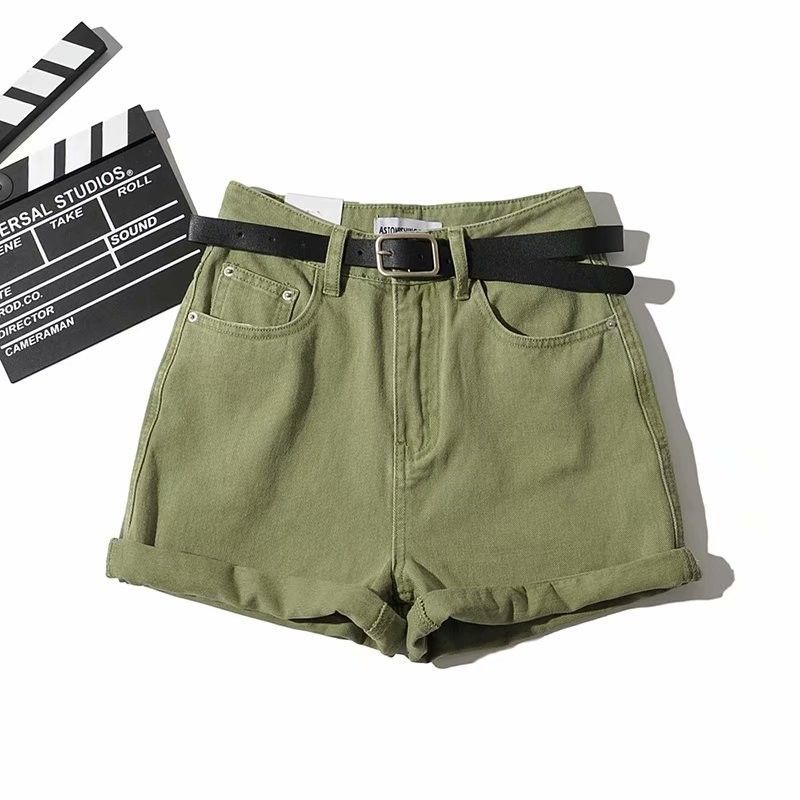 Frauen Vintage Sommer Denim Shorts mit Gürtel Reißverschluss Taschen Weibliche Retro Shorts