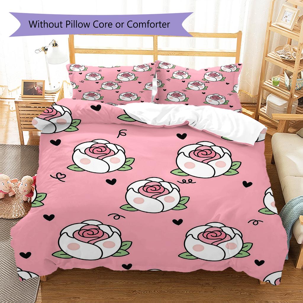 Pink Cartoon Art Pattern Bedding,Quilt Set Quilt Cover Pillowcase Home Birthday Gift (1 * Duvet Cover + 2 * Pillowcase, Without Core)