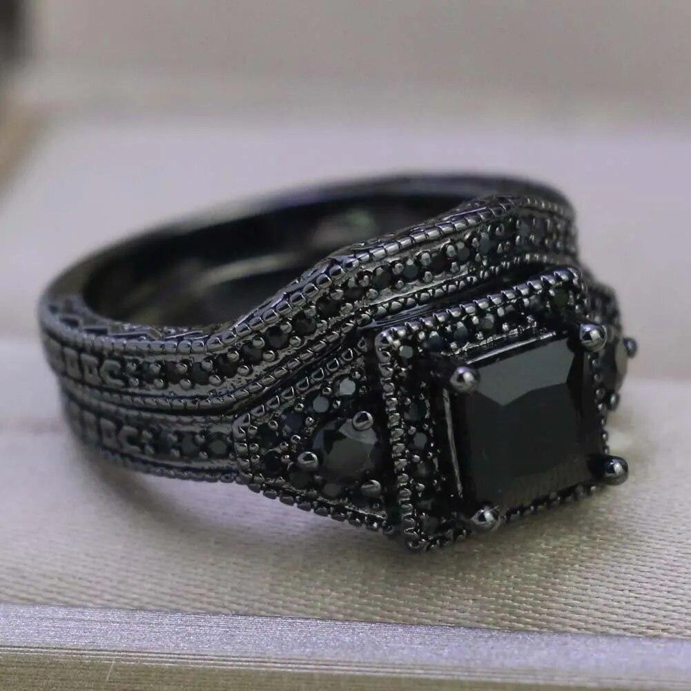 Charm Paar Ringe Romantische Schwarze Strass Weibliche Ringe Set Herren Zwei Reihen Schwarz CZ Stein Edelstahl Ring Hochzeit Schmuck