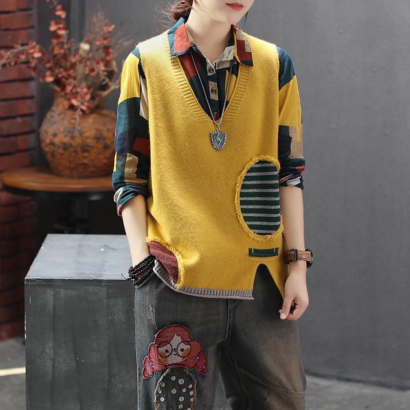 

Осенний свободный жилет без рукавов жилет литературный цветной свитер с V-образным вырезом жилет женский жилет S жёлтый
