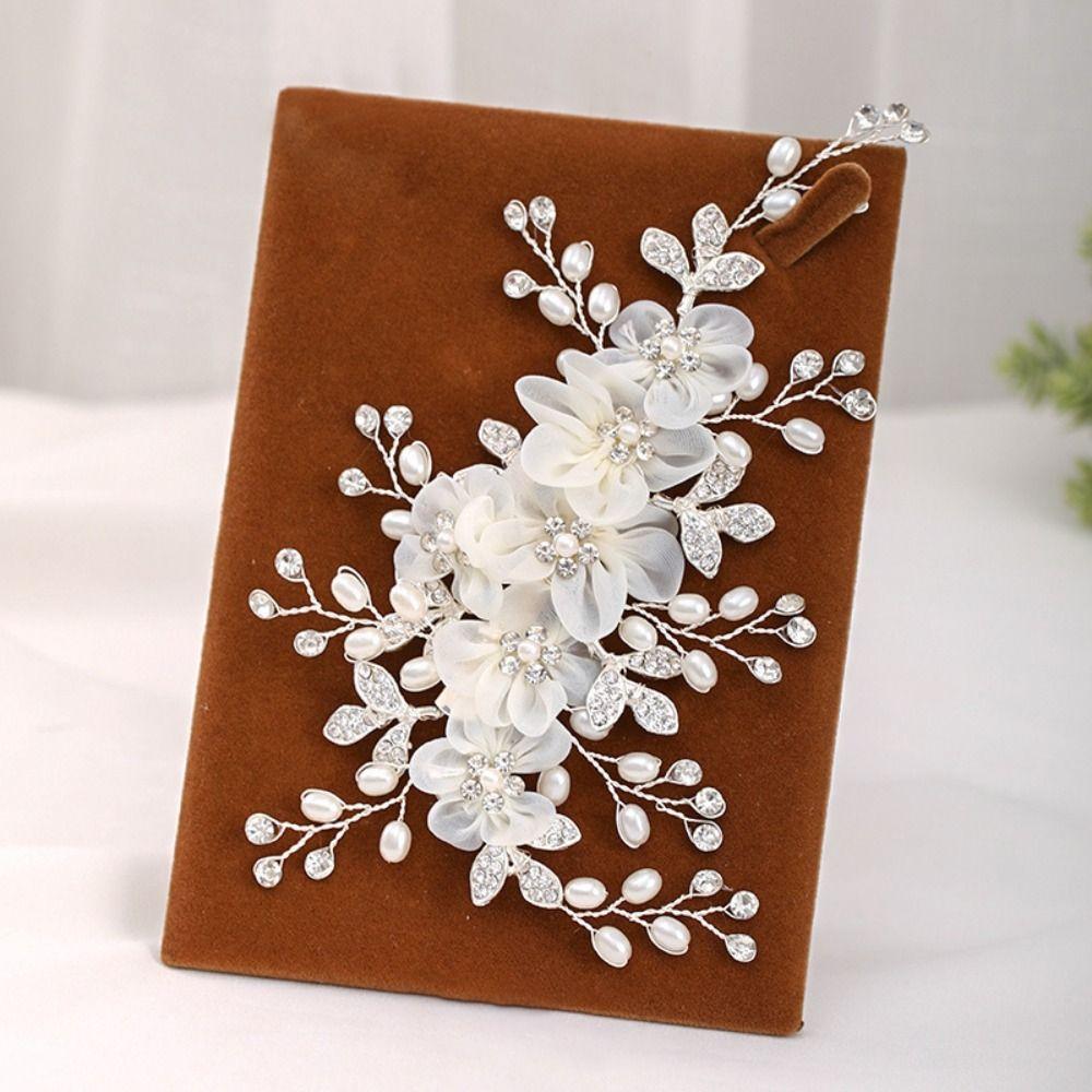 White Silk Flower Women Hair Pins Pearl Crystal Bride Tiara  Hair Accessories Jewelry