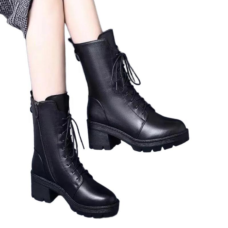 Autumn and winter medium heel short boots women's 2025 new boots pointed high heel lace-up soft leather showing feet thin velvet Martin boots