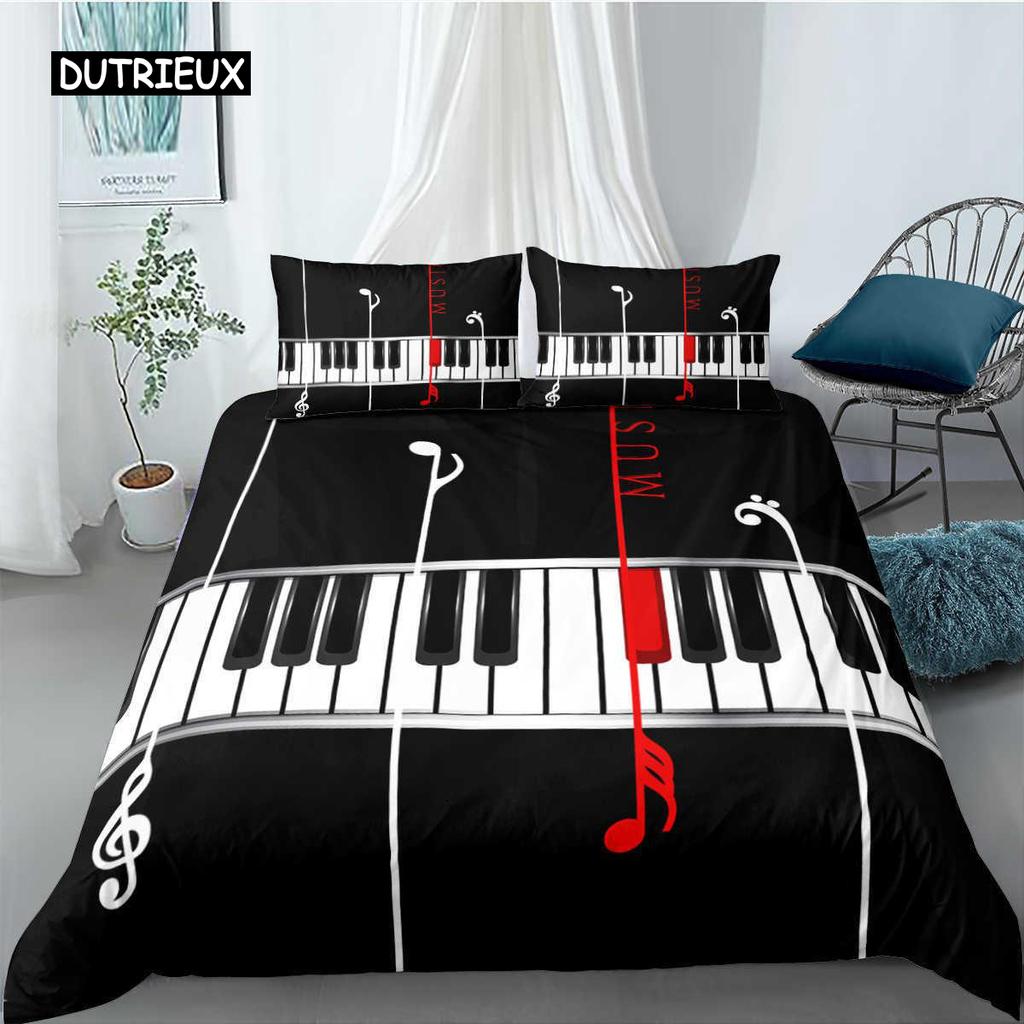 Piano Duvet Cover Set Black Piano Keyboard Music Note Kids Bedding Set Music Theme King Size 2/3pcs Soft Twin Comforter Cover