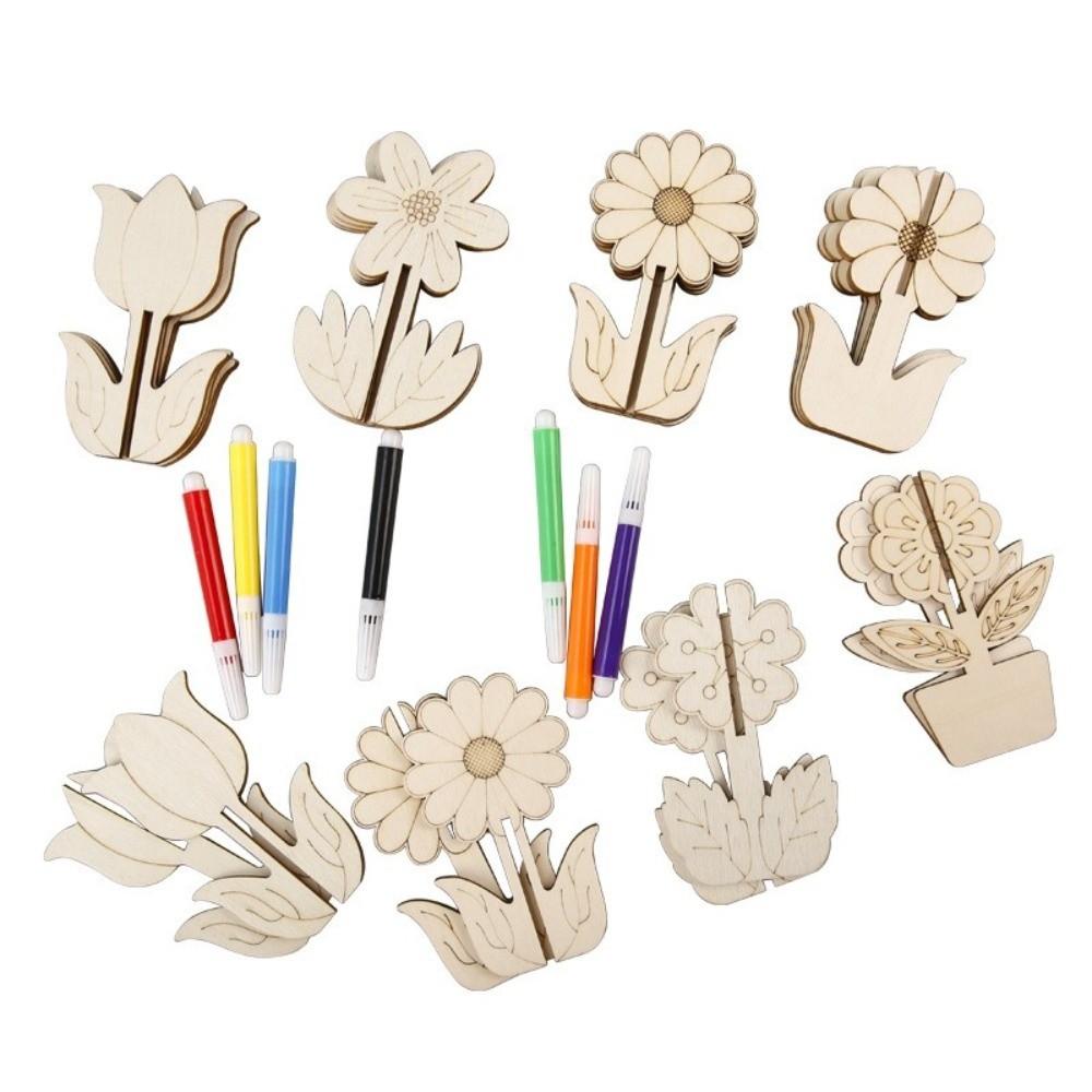 10pcs/set Wooden DIY Tulip Shape Assembly Tulip Shape Sunflower Wood Pieces Combination Set Rose Flower Handmade