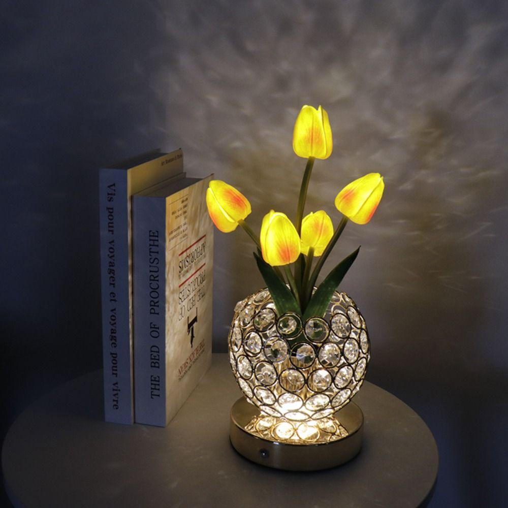 3 Color Tulip Crystal Flower Lamps Infinitely Dimming Desk Lamp Romance Flower Light  Bedroom