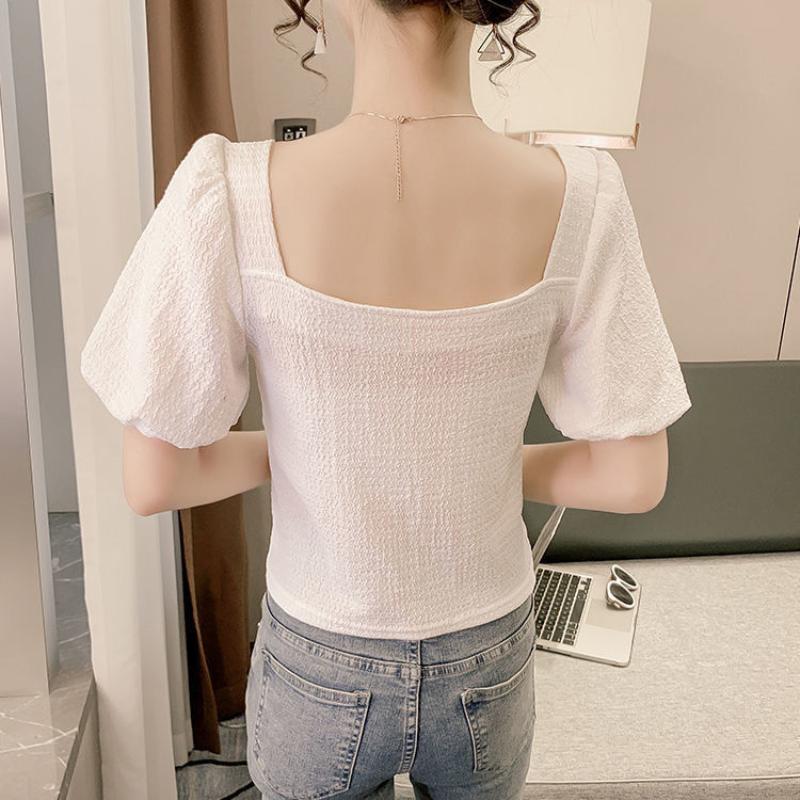 WTEMPO Brand Summer Women's Bubble Sleeve Square Collar Collar Shirt Slim High-waisted Short Top Pearl Decorated V-neck Short Sleeve Shirts