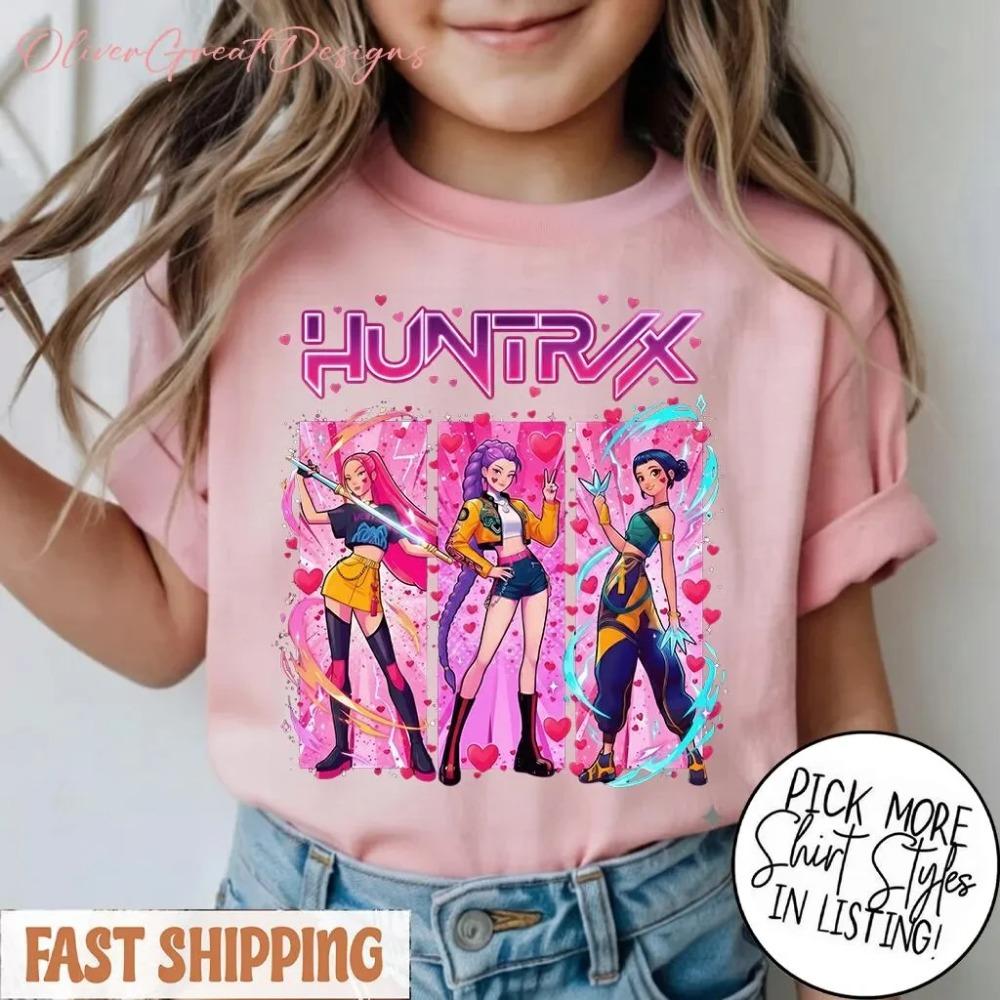 Retro HUNTRX Pattern Children's 100% Cotton T-shirt Casual Short-sleeved Anime Print Top for Children's Summer Everyday Wear