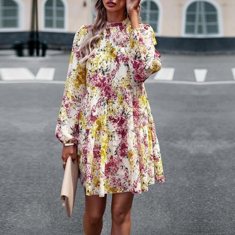 Floral Printed Casual Dress for Women Loose Fit O Neck All Match Long Sleeve