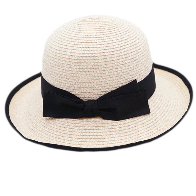 Small Fresh Bow Beige Curled Edge Small Straw Hat Women'S Summer Sunshade Sunscreen Vacation Beach Sun Hat Tide