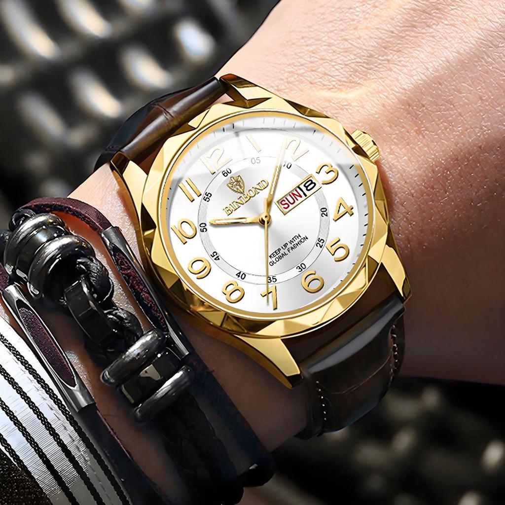 Binbang Ultra-thin Luminous Men's Quartz Watch - Automatic Movement, Waterproof with Calendar, Leather Strap, Business & Fashion Style.