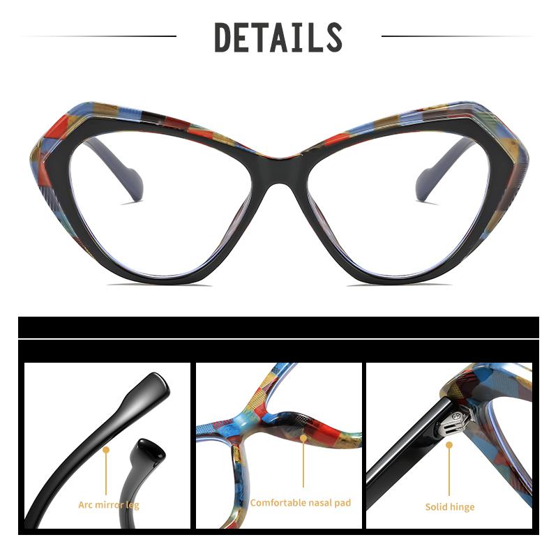Retro Cat Eye Eyeglasses with Multicolor Patterned Frame & Black Arms, Clear Lenses for Fashionable Women’s Style