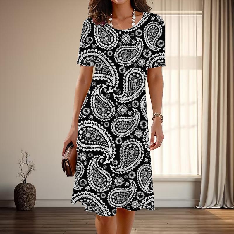 

Женская мода изящный ретро узор принт лето весна короткий рукав О-образный вырез повседневные платья 8XL чёрный