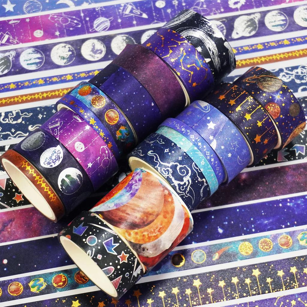 YUBBAEX 19 Rolls of Galaxy and Space Masking Foil Super Thin Perfect for Gift DIY and Notebook Decor Tape, Wide, Silver/Gold Stamping, Cute, Design,