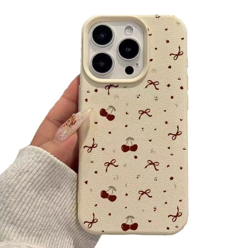 Bow Cherry Leather Pattern for IPhone16promax for Apple 13 Mobile Phone Case 12 Anti-fall 14 Silicone