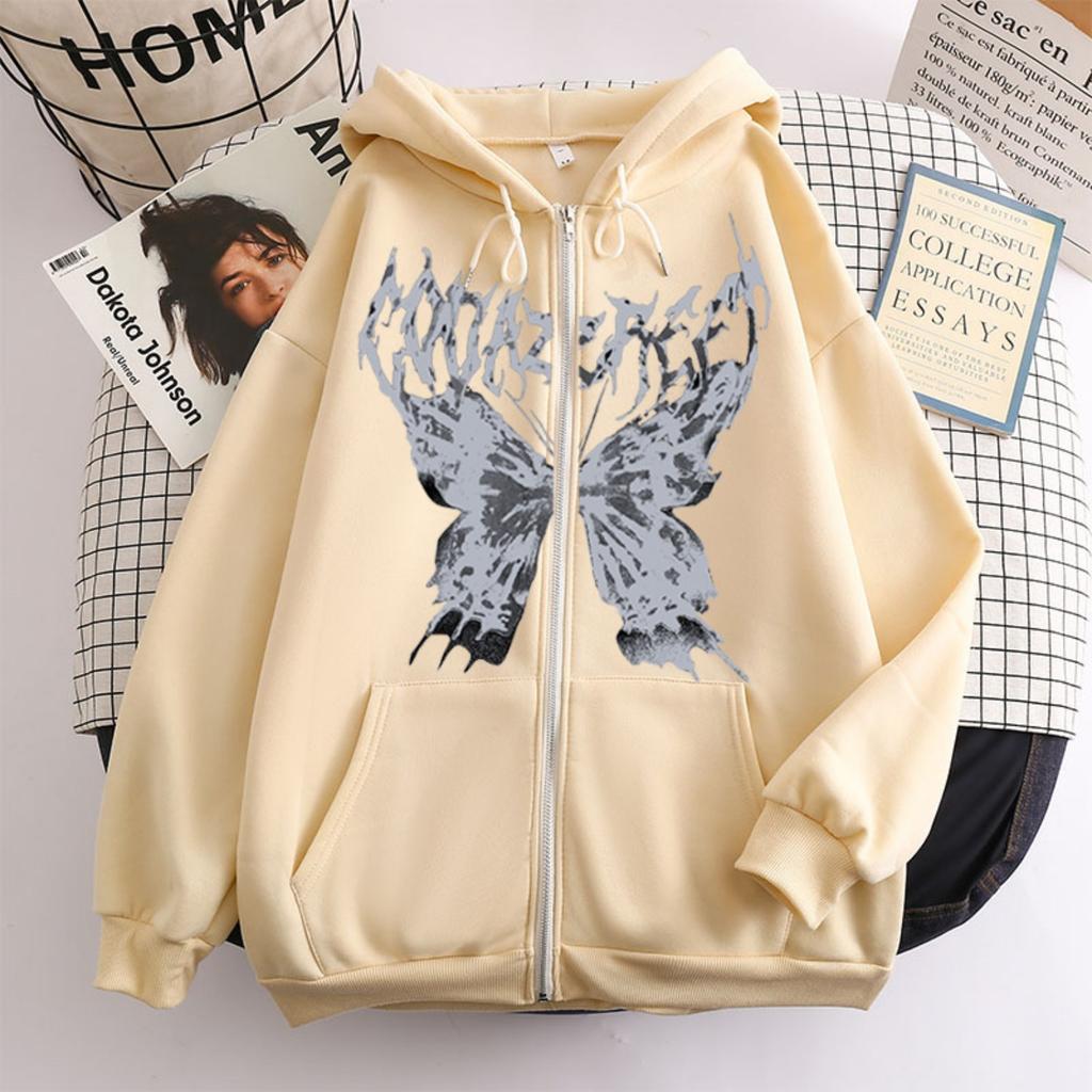 Women's Hooded Zip Up Loose Fit Long Sleeve Printed Butterfly Casual Cardigan Sweatshirt Jacket