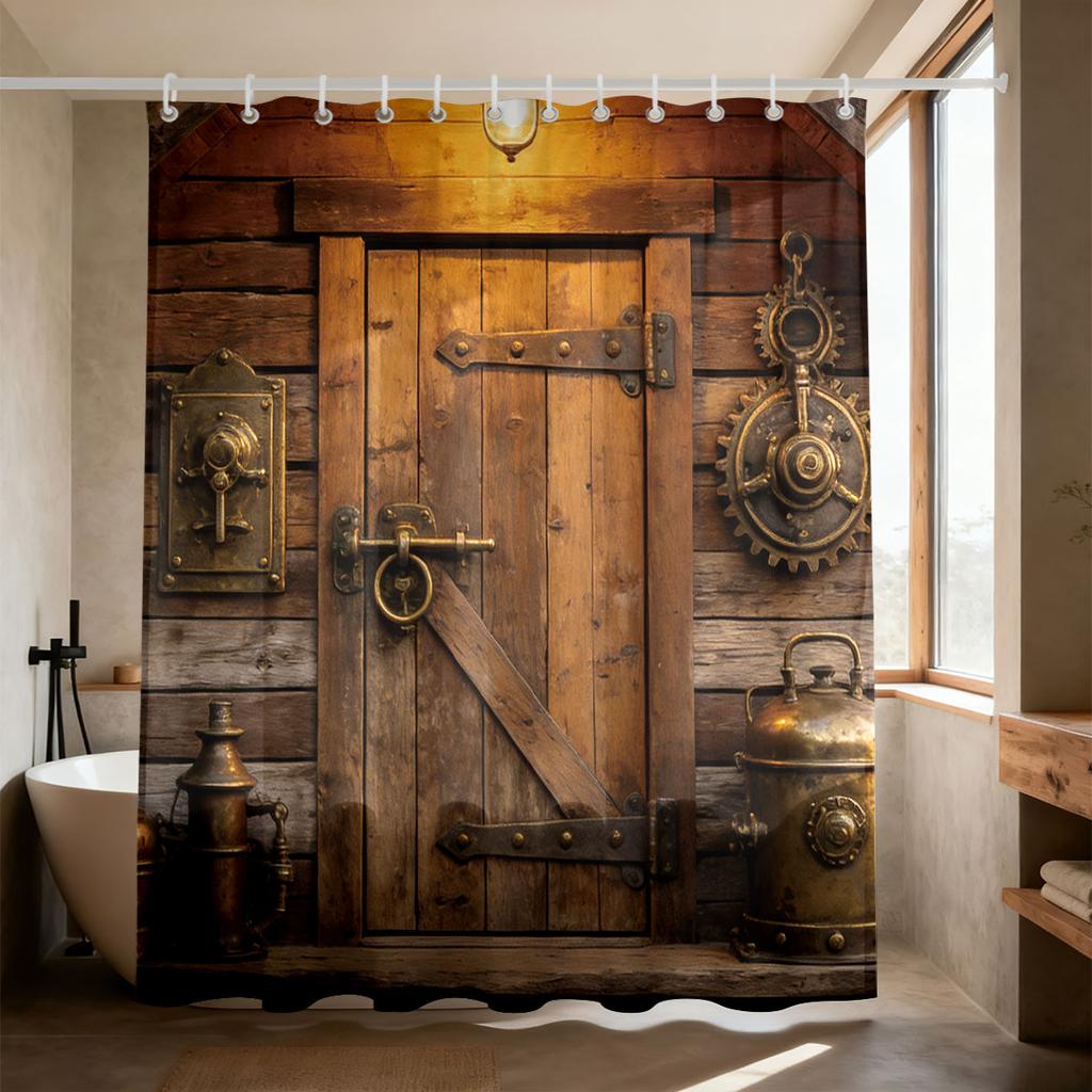 1Pc Imitation Retro Wooden Door Printing Waterproof Bathroom Partition Privacy Shower Curtain 12 Hooks, Multiple Sizes