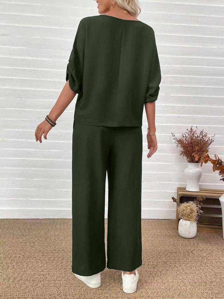 European & American Fashion 2025 Casual Set: Crew Neck Top + Vertical Wide-Leg Pants
