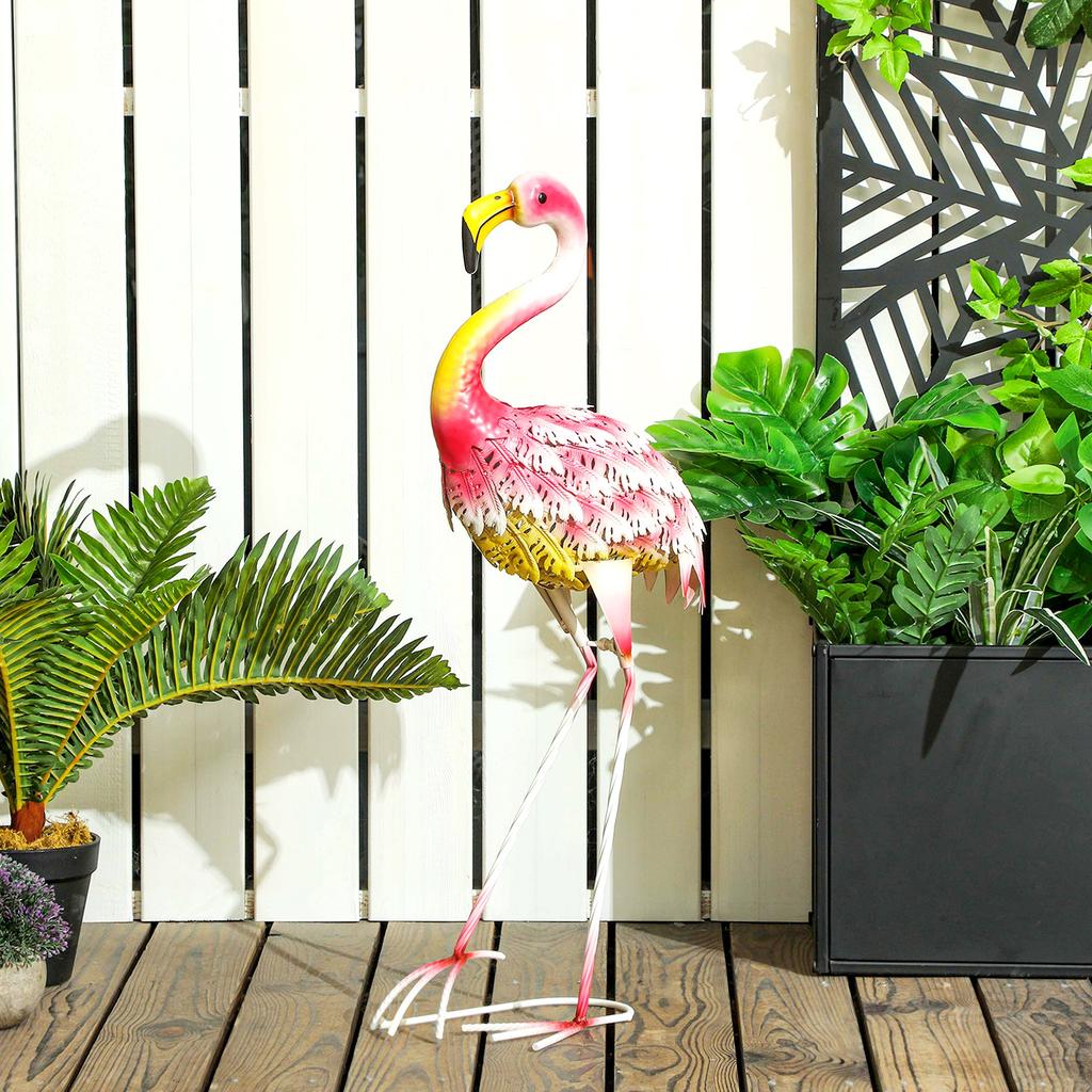 Flamingo Garden Statue Ornament, Metal Bird Art Outdoor Statue, Standing Garden Sculpture Gift with Ground Stakes for Pond Landscape Decoration, Pink