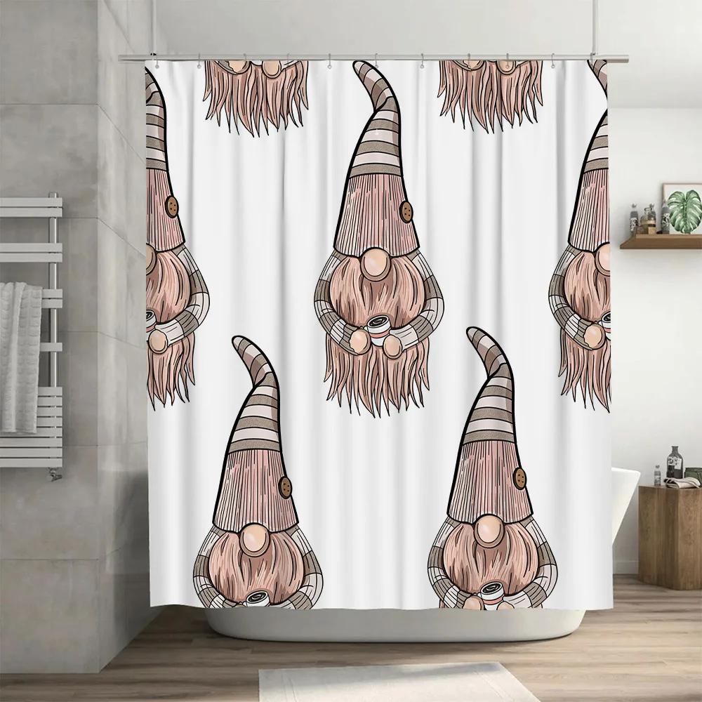 Gnome Shower Curtain Cartoon Nordic Style Gnomes Print Bath Decor For Kids Bathroom, 3D Waterproof Fabric Liner In White