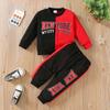 Moda Casual Primavera Outono Manga Longa Conjunto de Roupas para Meninos Bloco de Cores Estampa de Letras Suéter Gola Redonda e Calças Conjunto de Duas Peças Roupa Nova para Crianças New York