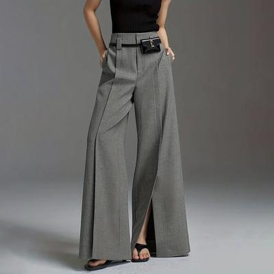 Women's High Waist Suit Pants Loose Straight Pant High-Waisted Pleated Split-Front Trousers