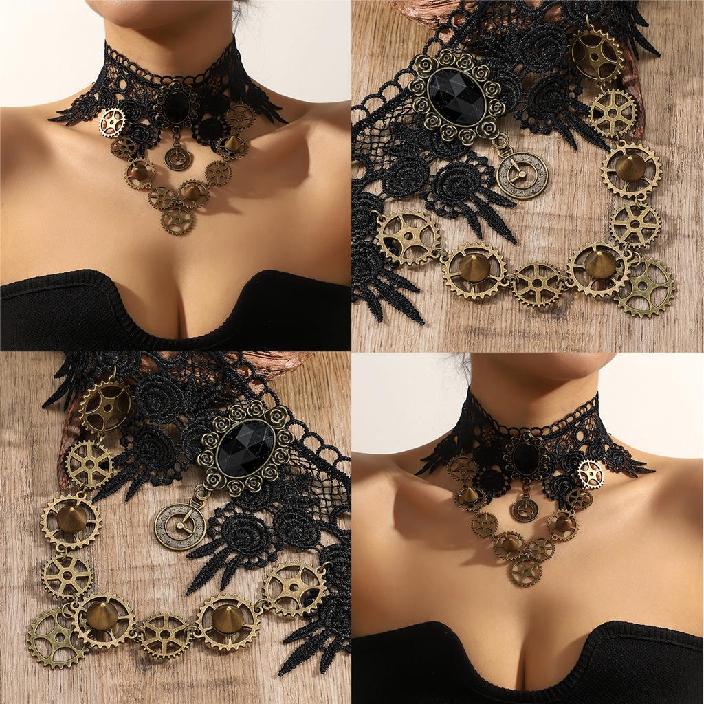 Retro Lace Necklace For Women Heavy Steam Engine Gear Black Collar Gothic Clavicle Chain