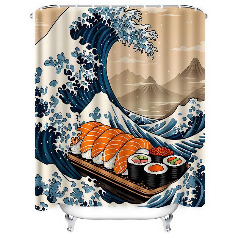 Sushi Wave Duschvorhang Einzigartiges Design Wasserdichtes Gewebe Mit Haken Ozeanstil Japanische Küche Thema Dekor Für Bad