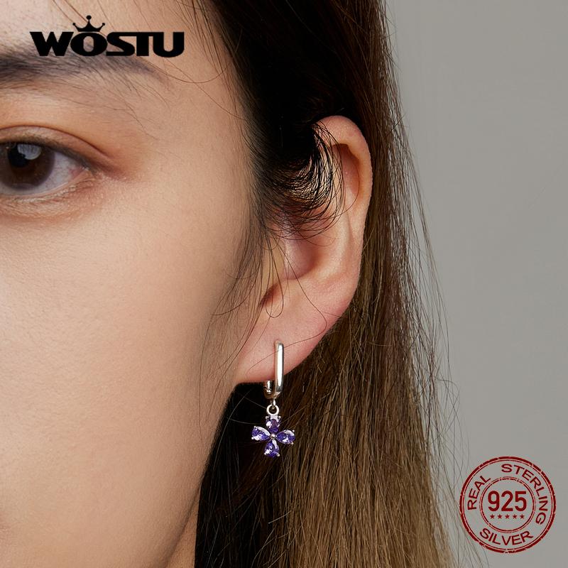 WOSTU Real 925 Sterling Silver Purple Flower Heart Cross Drop Earrings for Women Trendy Zircon Earrings Fine S925 Jewelry Gifts