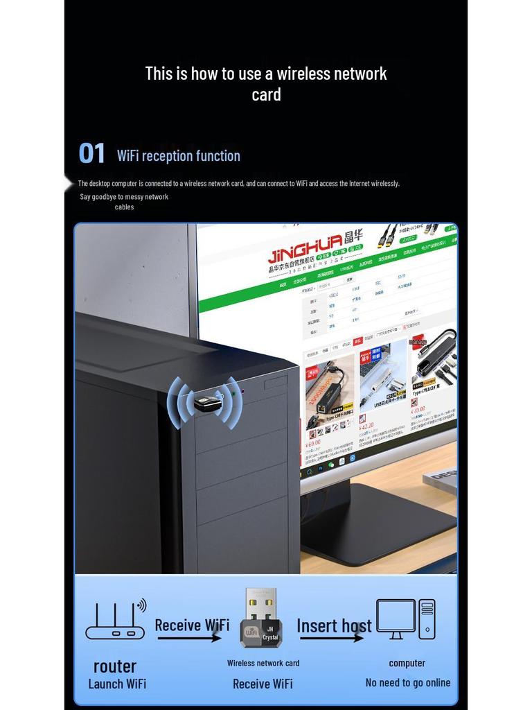 Jinghua 300M Mini WiFi6 Dual-Band USB Network Card with High-Gain Antenna.
