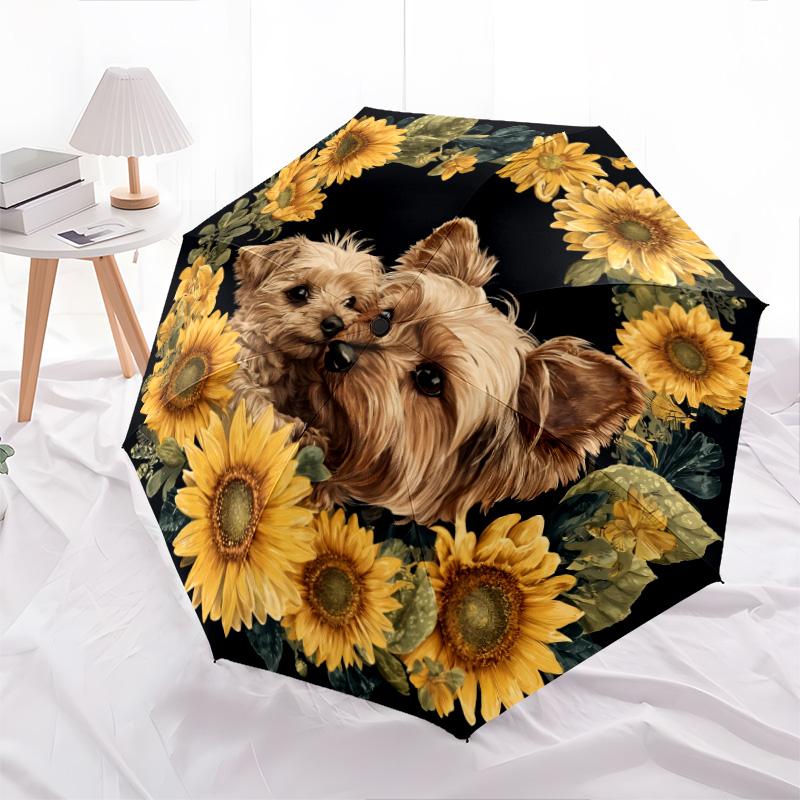 Sunflower Dog Pattern, Automatic Folding Umbrella, Portable and Foldable Design, 8 Ribs, a Christmas or Birthday Gift.