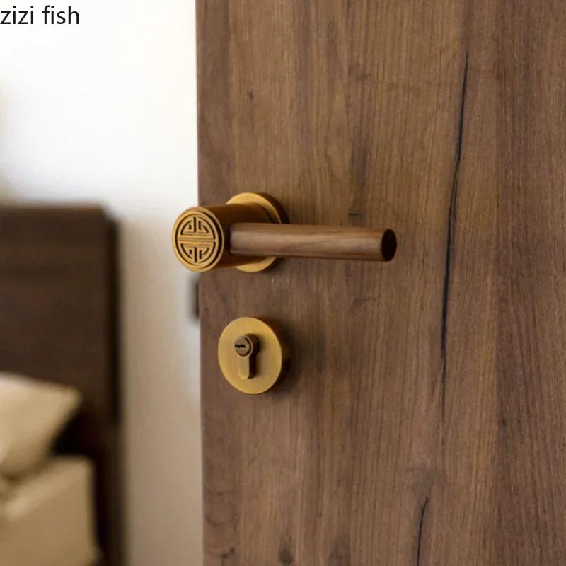 Metal Safety Door Lock Walnut Wood Handle Retro Bedroom Silent Locks Universal Split Locks Indoor Magnetic Lock Door Hardware