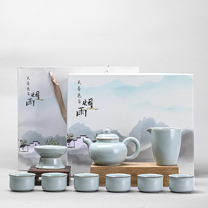 Ru Kiln Ice Crack Kung Fu Tea Set Household Living Room Ceramic Brewing Teapot Open Light Luxury Teacup High-end Gifts
