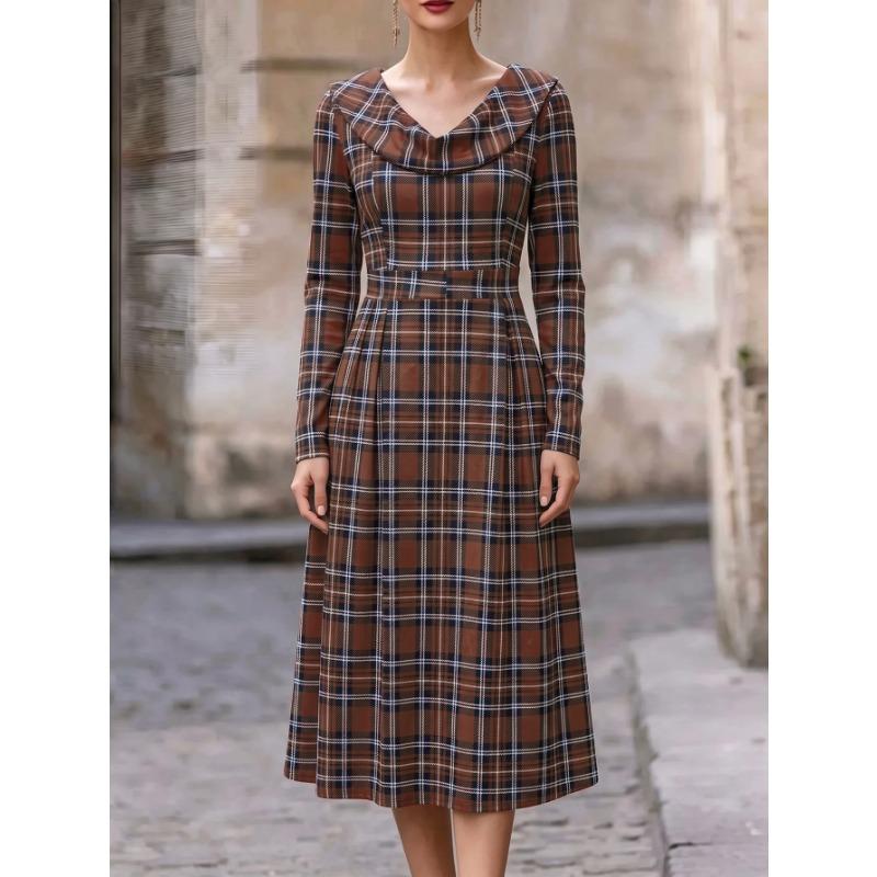 Women Loose Plaid Printed Long Sleeve Long Vintage Dress
