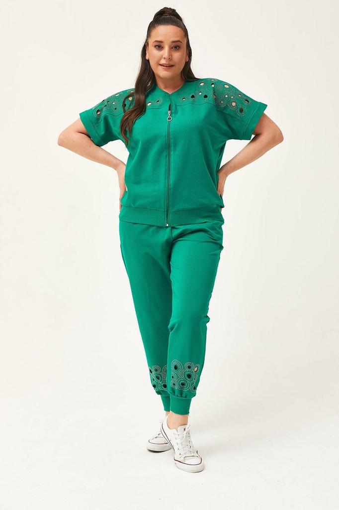 Women's Fashion Big Size Tracksuit Set Large Size Transparent Cut Stone Printed Summer Short Sleeve Green Tracksuit Set